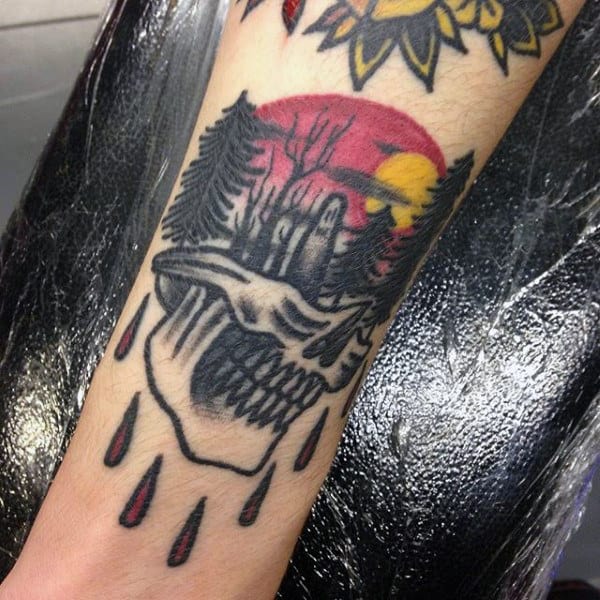 Skull Forest Sundown Guys Forearm Tattoos