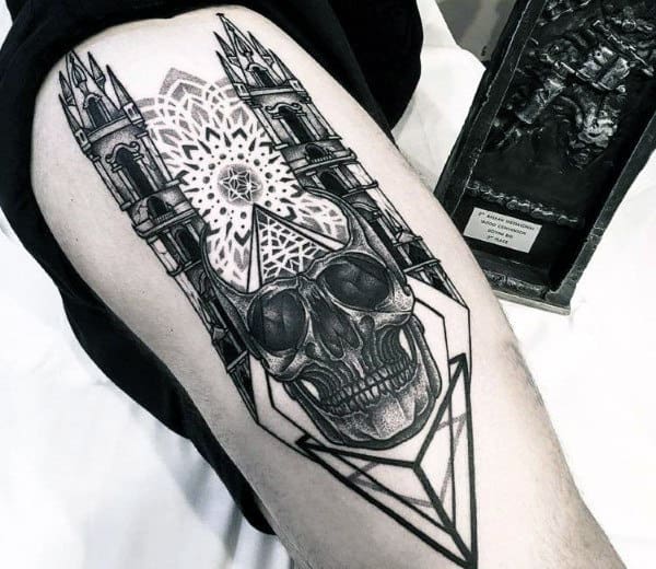 Skull Geometric Building Mens Thigh Tattoos
