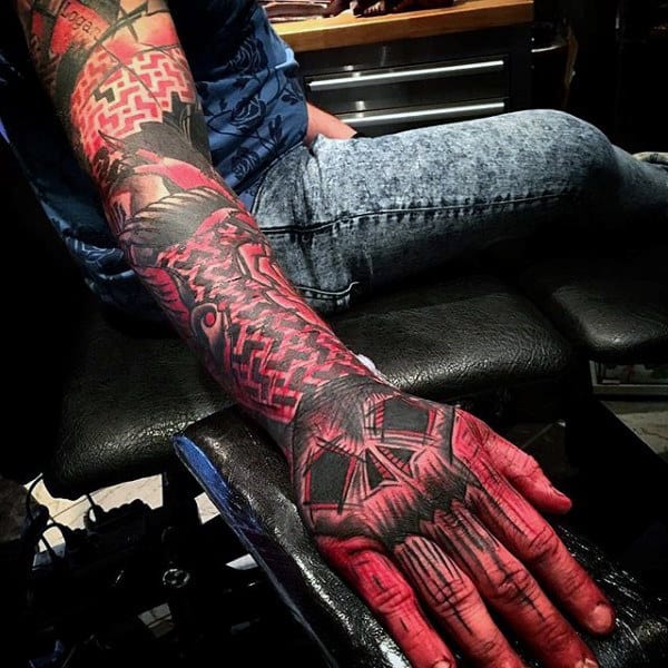 Skull Hand And Sleeve Red Ink Tattoos For Guys