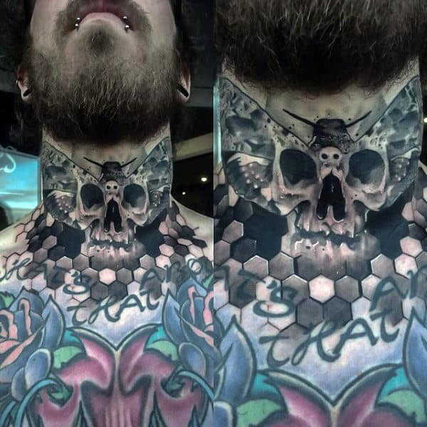 Dark throat tattoo featuring a skull with a moth on its forehead, surrounded by hexagonal patterns blending into the chest design