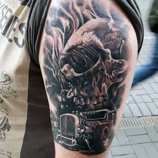 Skull Hot Rod Tattoo Grey Male Arms