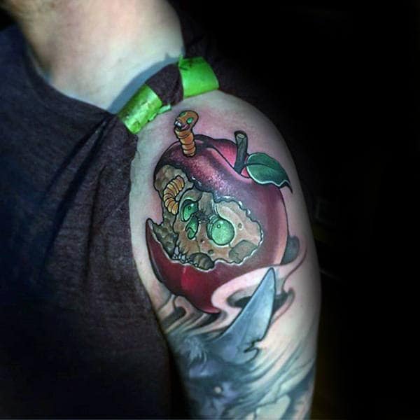Skull In Apple New School Tattoo Male Arms