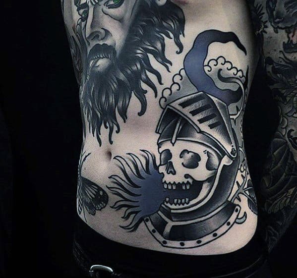 Skull In Knights Helmet Guys Cool Chest Tattoo