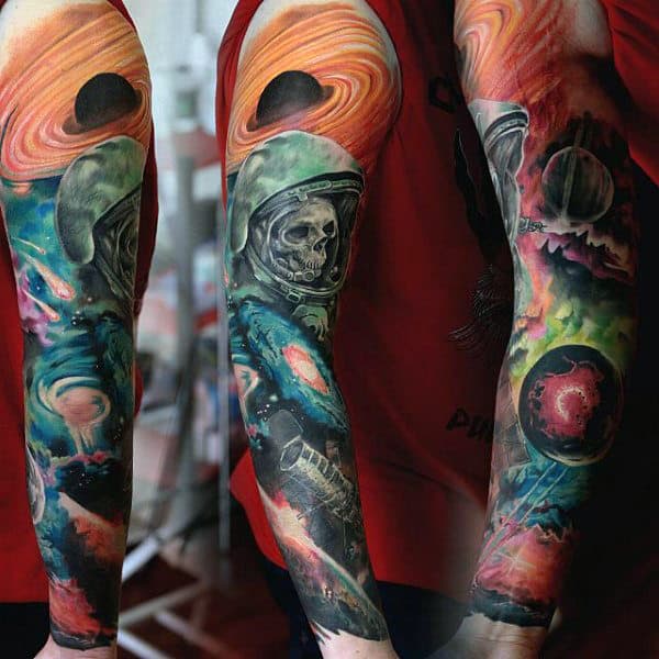 Skull In Spacesuit Astronomy Tattoo Full Sleeve Design Ideas For Men