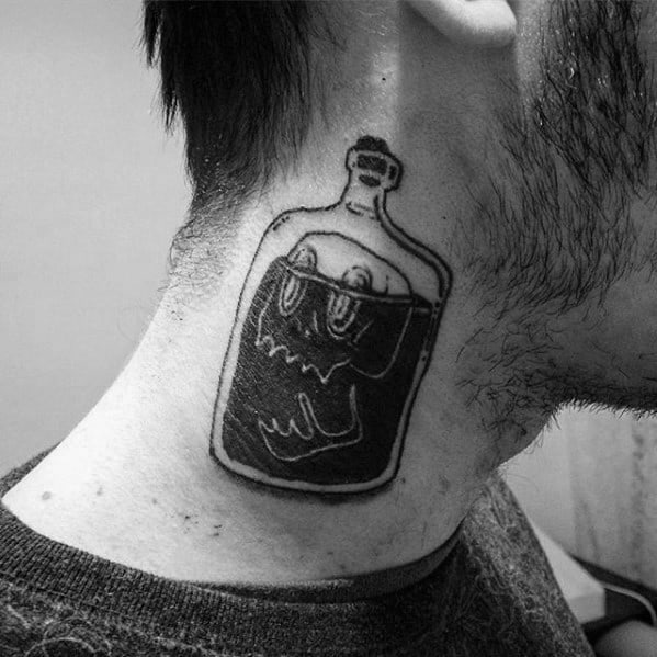 Skull Inside Bottle Mens Black Ink Neck Traditional Tattoo
