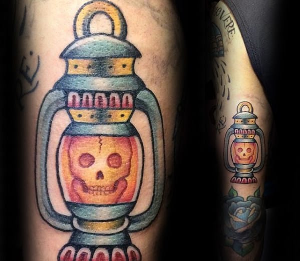 Skull Inside Lantern Mens Traditional Back Of Arm Tattoo