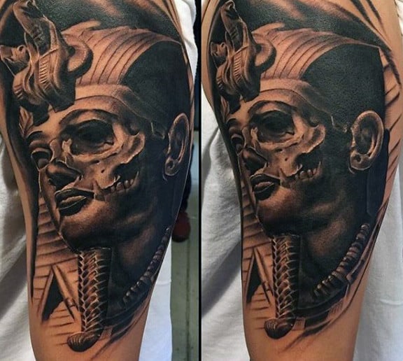 Skull King Tut Mens Masculine Half Sleeve Tattoo Design Ideas With Shaded Ink