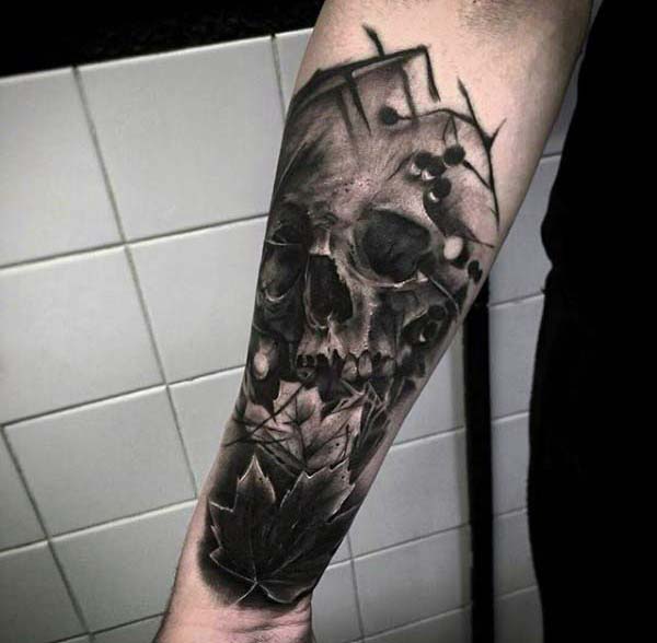 Skull Leaves Mens Nice Forearm Shaded Tattoo Designs