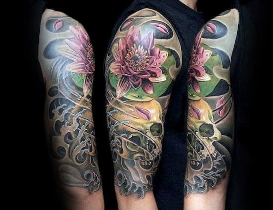 Colorful tattoo sleeve with skulls, pink lotus flowers, and swirling abstract patterns