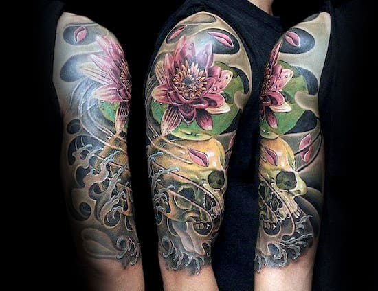 Skull Lotus Flower Tattoo On Man With Half Sleeve Design