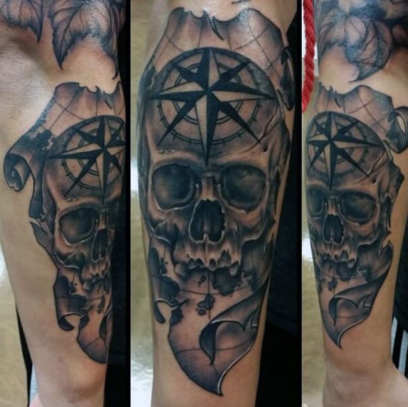 Skull Map With Nautical Star Mens Travel Forearm Tattoo