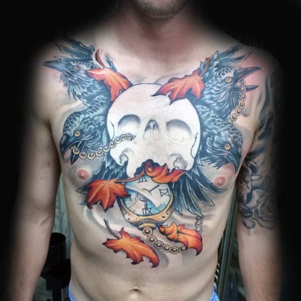 Skull Maple Leaf Guys Black Crow Ches Tattoos