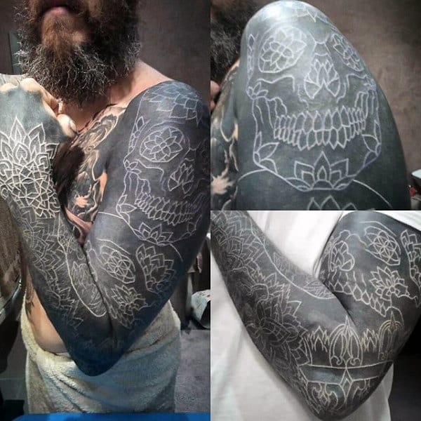 Skull Mens Full Arm Sleeve Tattoo With White Ink