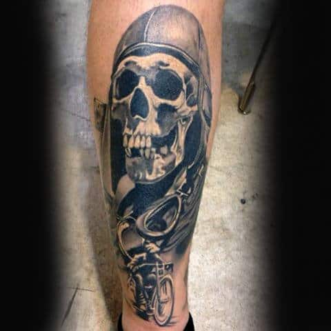 Skull Mens Leg Biker Tattoo Idea Inspiration