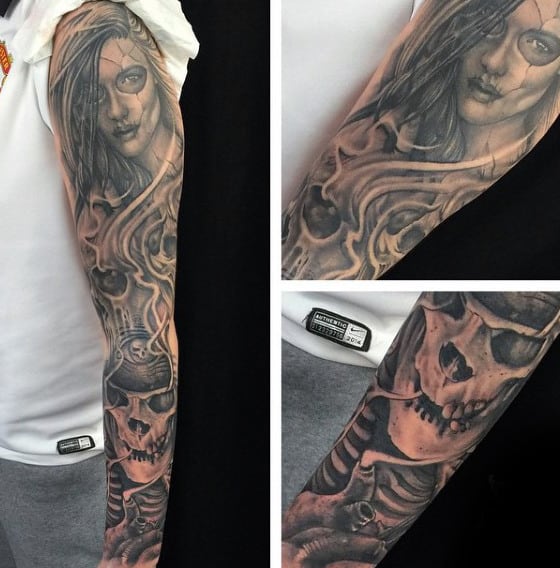 Skull Mens Tattoos Sleeves With Portrait Of Woman