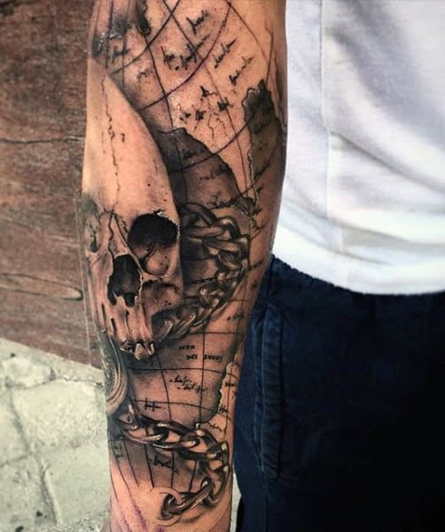Skull Mens World Map Tattoos