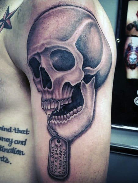 Skull Military Dog Tag Tattoo Designs For Gentlemen