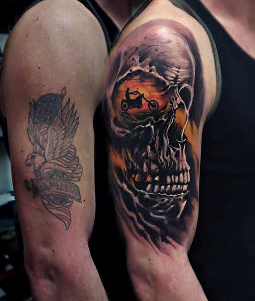 Skull Motorcycle Rider Harley Davidson Arm Tattoos For Guys