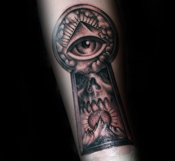 Skull Mountains Guys All Seeing Eye Keyhole Tattoo