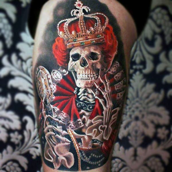 Skull Of A Haughty Queen With Pearl Crown Tattoo On Arms For Men