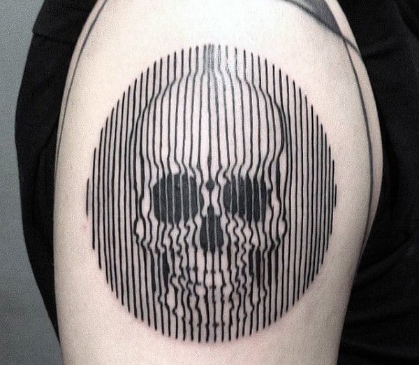 Skull Optical Illusion Linework Circle Arm Tattoo