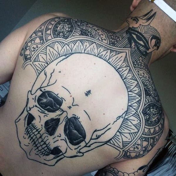 Skull Ornate Pattern Male Upper Back Tattoo Ideas