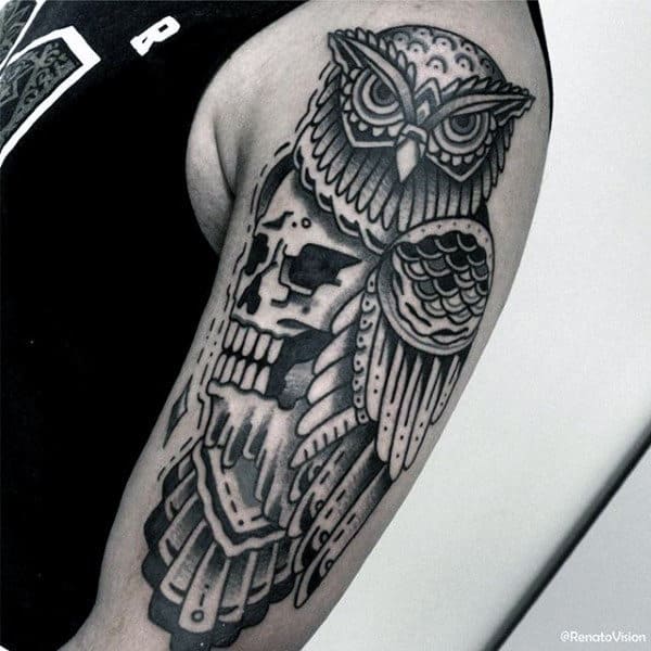 Skull Owl Male Traditional Arm Tattoo Design Ideas