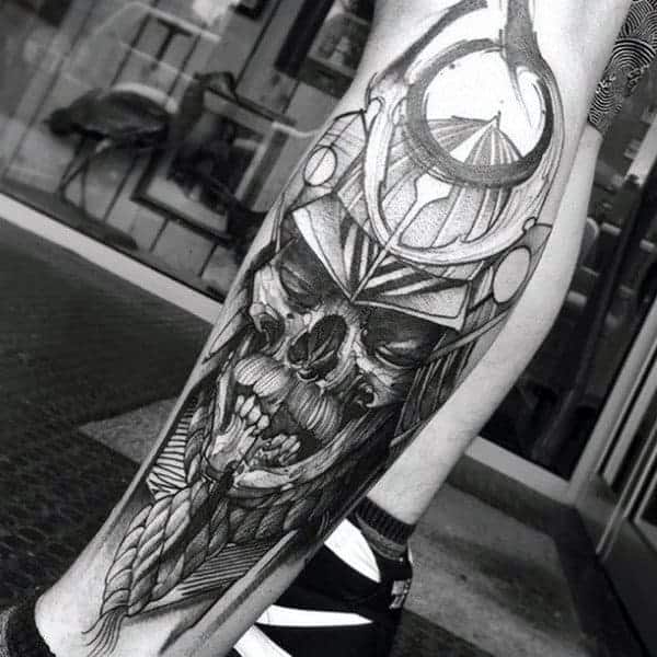 skull-paint-brush-stroke-samurai-helmet-mens-leg-tattoos