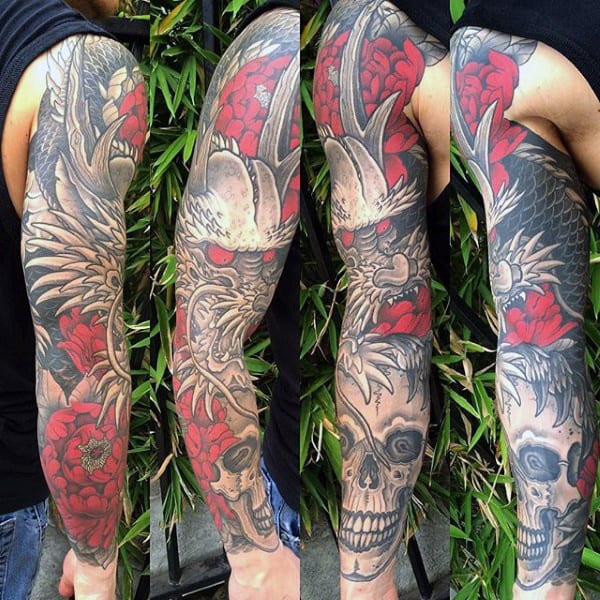 Skull Peony Dragon Mens Sleeve Tattoos