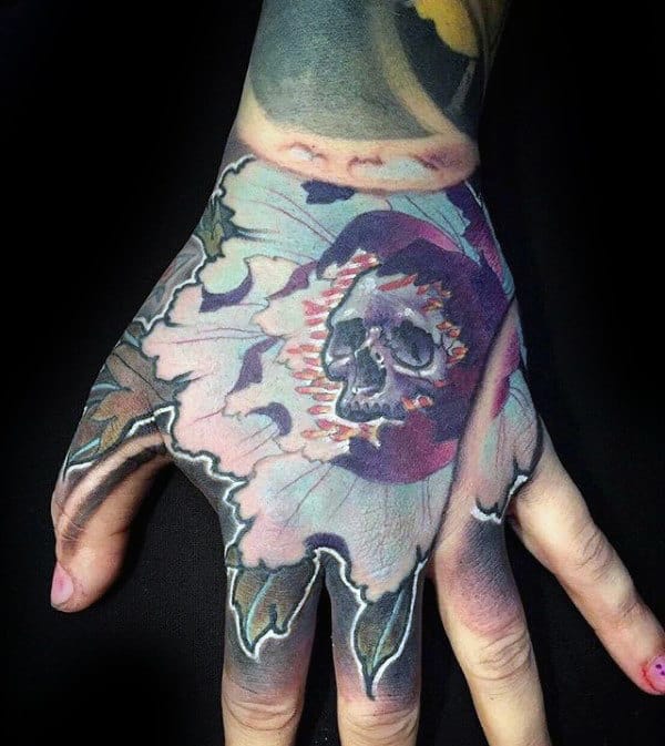 Skull Peony Mens Flower Hand Tattoos
