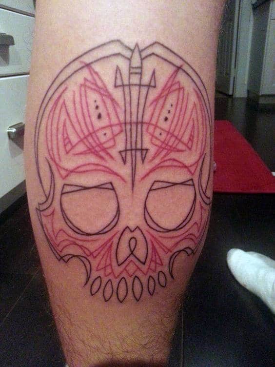 Skull Pinstripe Mens Leg Tattoos