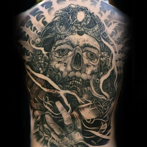 Skull Pirate Black Ink Male Full Back Tattoos