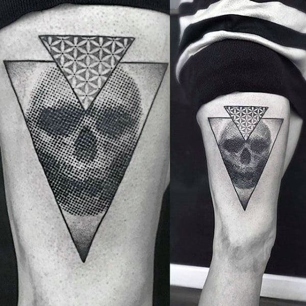 Skull Pointillism Mens Thigh Tattoos