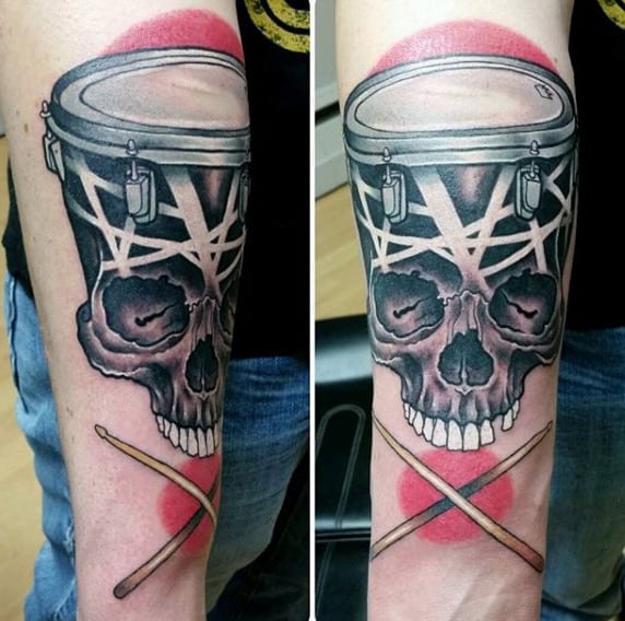 Skull Red And Black Ink Male Drum Tattoo Designs On Inner Forearm