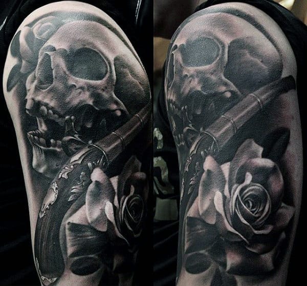 Skull Revolver Rose Black And Grey Tattoo Male Upperarms