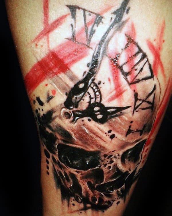 Skull Roman Numeral Clock Trash Polka Tattoo On Males Arm