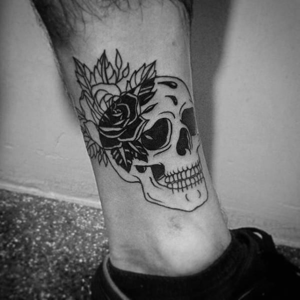 Skull Rose Flower Small Unique Mens Lower Leg Tattoo