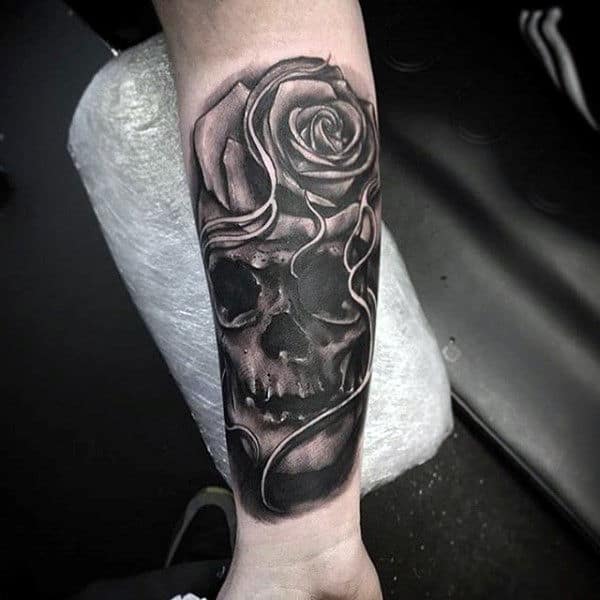 Skull Rose Forearm Sleeve Tattoos For Guys