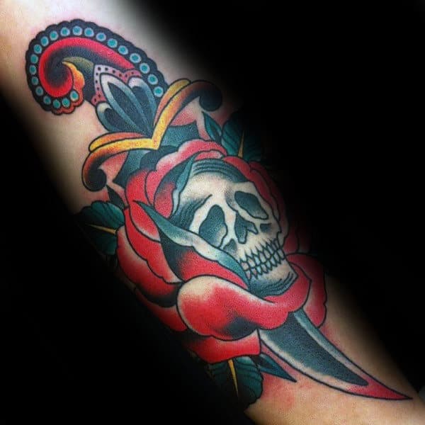 Skull Rose With Dagger Guys Traditional Tattoo Design Inspiration On Forearms