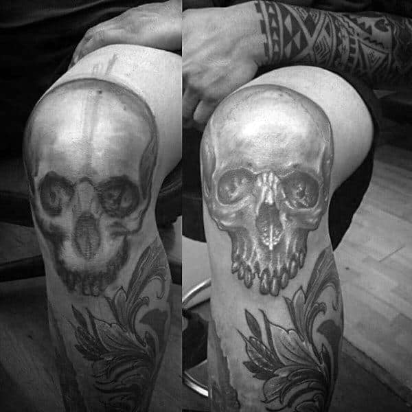 Skull Shaded Grey And Black Knee Mens Tattoos