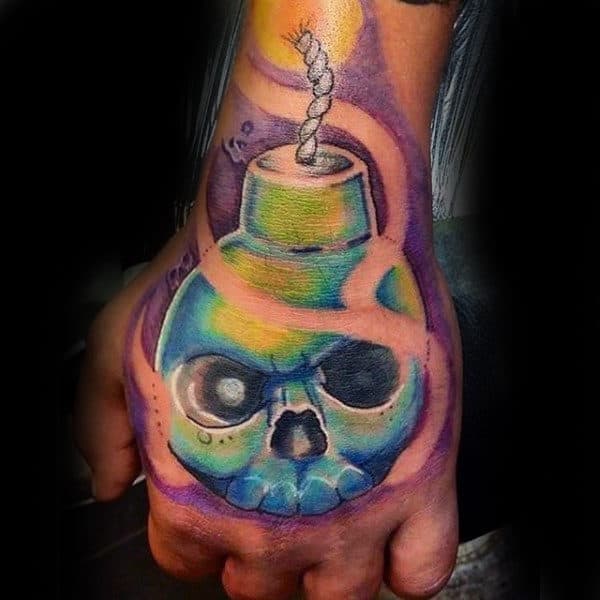 Skull Shaped Circular Bomb Ready To Blast Tattoo Mens Hands