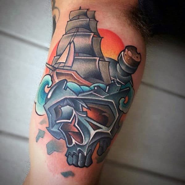 Skull Ship In A Bottle New School Mens Tattoos