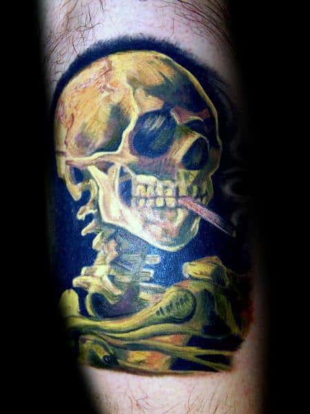 Skull Skeleton Guys Vincent Van Gogh Leg Tattoo