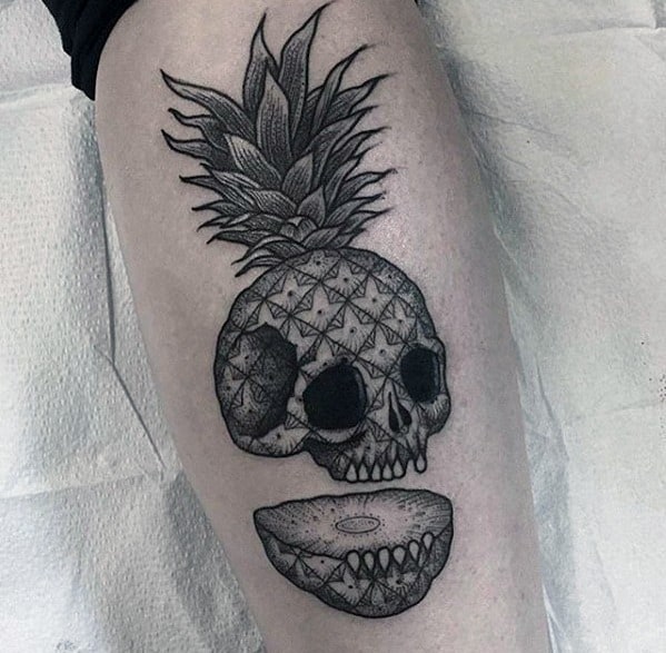 Skull Sliced Pineapple Male Tattoo Designs On Leg