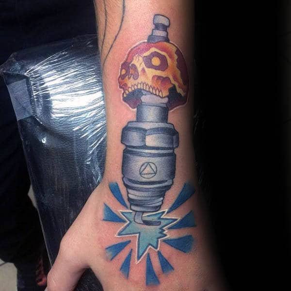 Skull Spark Plug Mens Hand And Forearm Tattoo