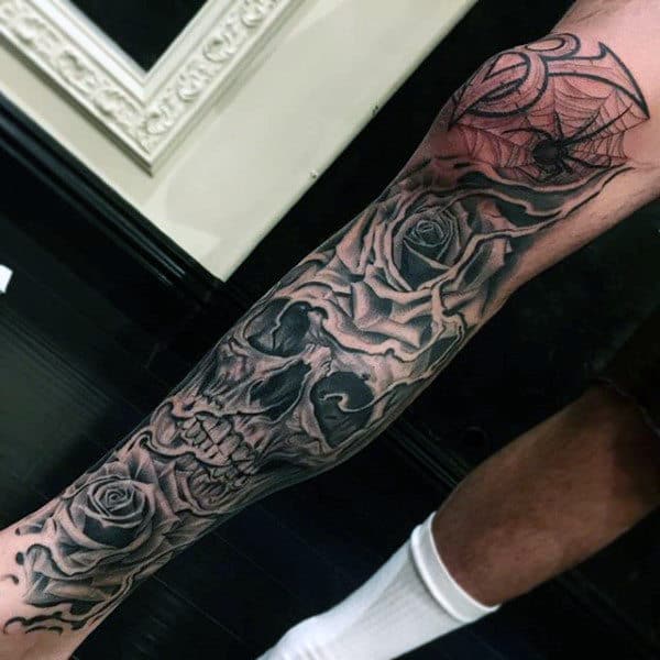 Skull Spider Web Mens Leg Sleeve Tattoos