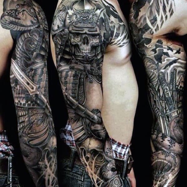 Skull Tattoos Guys Arm Sleeve Samurai Themed
