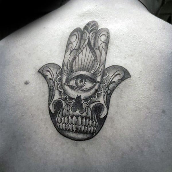 Skull Teeth With Eye Hamsa Upper Back Tattoo On Gentleman