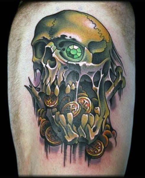 Colorful tattoo of a decayed pirate skull with a green gemstone eye, melting into gold coins, featuring bold shading and a dripping effect.