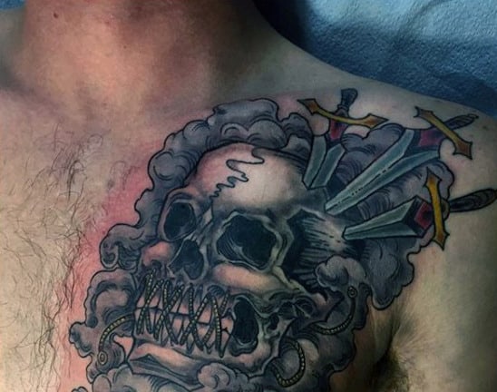 Skull Three Of Swords Tattoo On Mans Chest